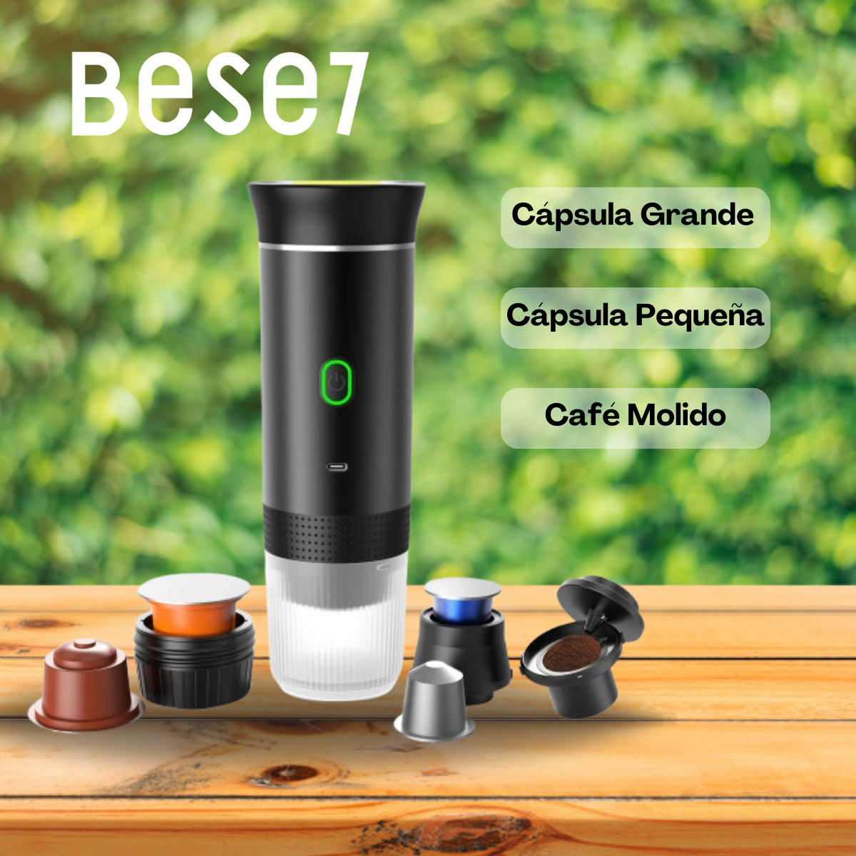 cafetera viajera Bese7. Café molido o en cápsula. Cafera portátil express